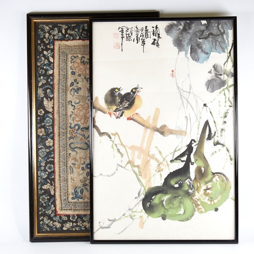 385 - A Chinese silk embroidered panel, overall frame size 71cm x 41cm, and a framed print (2)