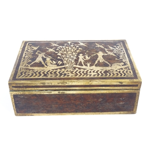 238 - An Egyptian Revival brass inlay exotic wood box of rectangular form, early 20th century, the lid dep... 