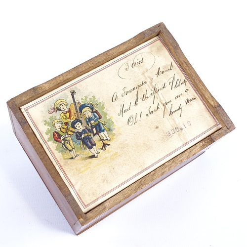 240 - A Victorian musical box with transfer decorated top, playing 3 airs, playing list under base, 12cm x... 