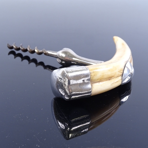 251 - ASPREY'S - wild boar tooth and silver-mounted corkscrew, hallmarks Chester 1927, handle length 11cm