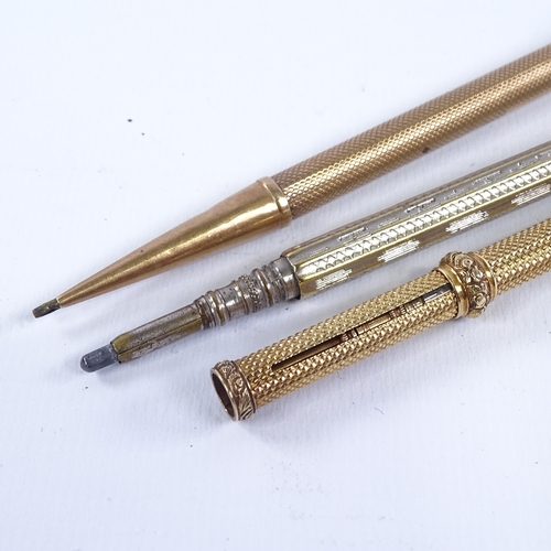 253 - A 9ct gold propelling pencil, and unmarked gilt-metal propelling pencil with bloodstone set seal end... 