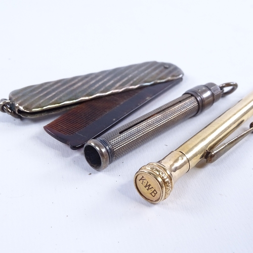 254 - A gold plated propelling pencil, an S Mordan & Co silver fob pencil, and a tortoiseshell and silver ... 