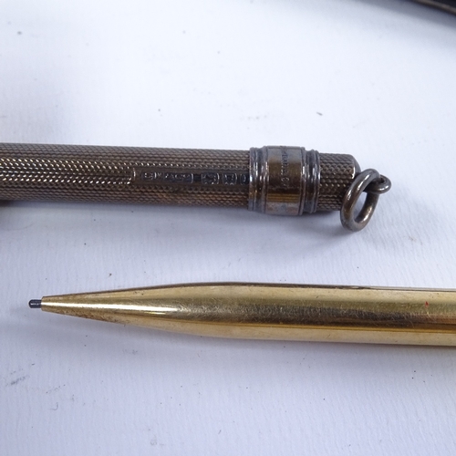 254 - A gold plated propelling pencil, an S Mordan & Co silver fob pencil, and a tortoiseshell and silver ... 