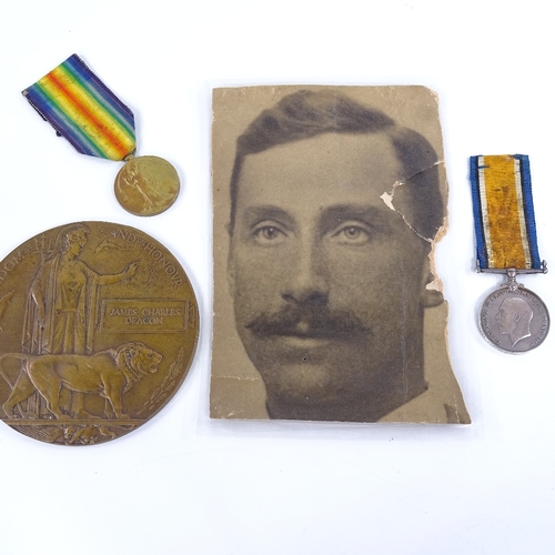 266 - A pair of First World War medals and death plaque awarded to James Charles Deacon, North Staffordshi... 