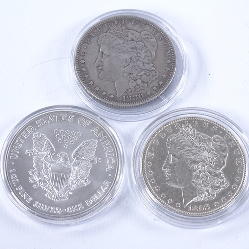 283 - 3 American silver dollars, 1880, 1898 and 2002