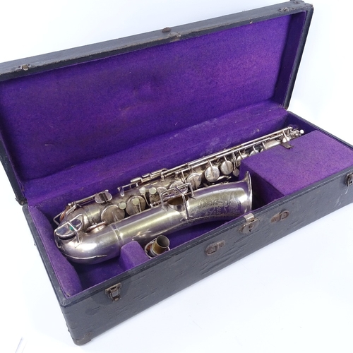 197 - BUESCHER ELKHART - low pitch saxophone, 1922 model, nickel plate, with case