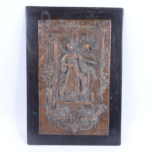 206 - An Arts and Crafts copper relief moulded plaque, depicting a jester and a lady, unsigned, mounted on... 