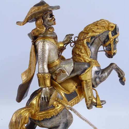 228 - GUISEPPE VASARI - parcel gilt and silvered bronze sculpture of D'Artagnan on horseback, signed, on g... 