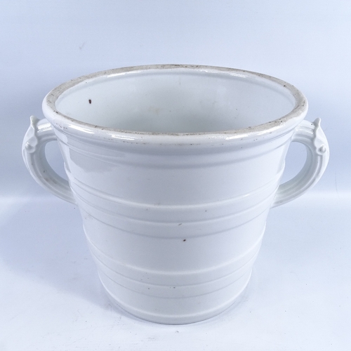 230 - A 19th century white glaze ceramic 2-handled milk pail with raised bands, diameter excluding handles... 