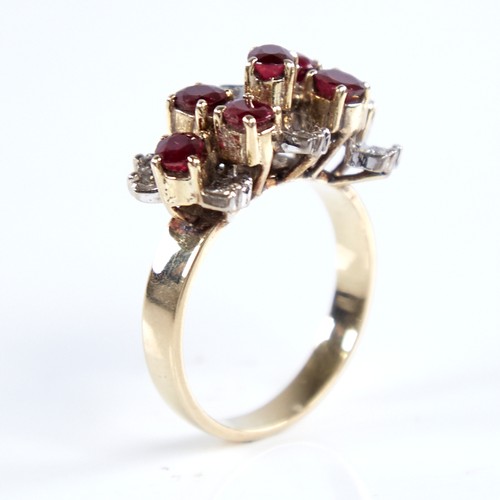 1318 - A late 20th century unmarked gold pigeon blood ruby and diamond cluster cocktail ring, set with oval... 