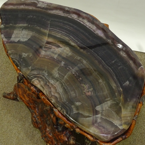 124 - A Chinese polished rootwood table with banded fluorite (Blue John) top, length 70cm, height 50cm