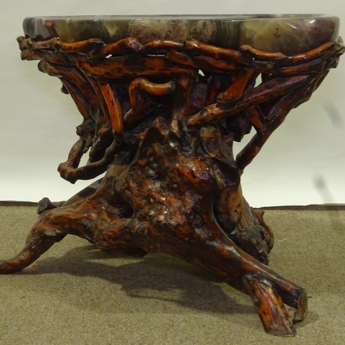 124 - A Chinese polished rootwood table with banded fluorite (Blue John) top, length 70cm, height 50cm