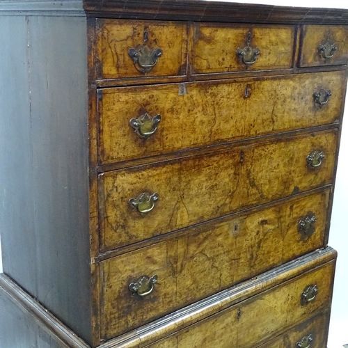 308 - A Georgian figured walnut chest on chest, with 3 frieze drawers and 6 long drawers below, on bracket... 