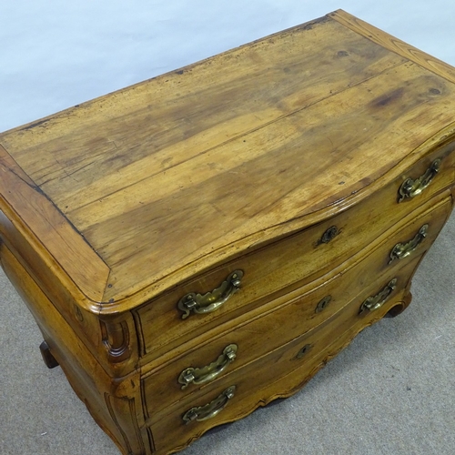 328 - An 18th century Italian fruitwood 3-drawer bombe commode, with shaped drawer fronts, carved panelled... 