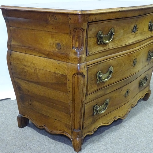 328 - An 18th century Italian fruitwood 3-drawer bombe commode, with shaped drawer fronts, carved panelled... 