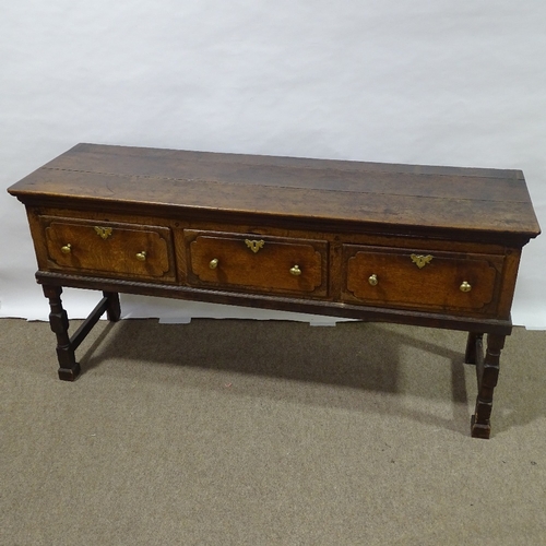 369 - An 18th century oak 3-drawer dresser base, length 170cm, height 82cm, depth 53cm