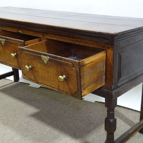 369 - An 18th century oak 3-drawer dresser base, length 170cm, height 82cm, depth 53cm