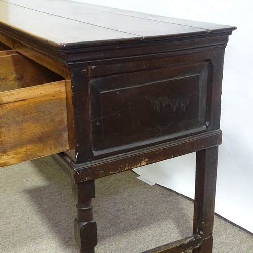 369 - An 18th century oak 3-drawer dresser base, length 170cm, height 82cm, depth 53cm