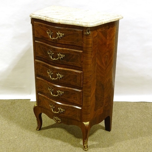 371 - A French kingwood serpentine-front tall chest of 5 drawers, with shaped marble top, width 61cm