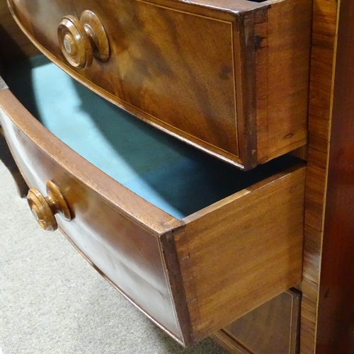 375 - A Regency mahogany and rosewood crossbanded bow-front chest of 4 long drawers, with mother-of-pearl ... 