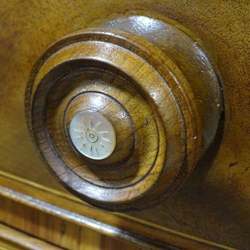 375 - A Regency mahogany and rosewood crossbanded bow-front chest of 4 long drawers, with mother-of-pearl ... 