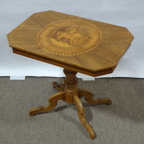 391 - An Italian walnut Sorrento tea table with marquetry horse and rider decoration, 81cm x 53cm