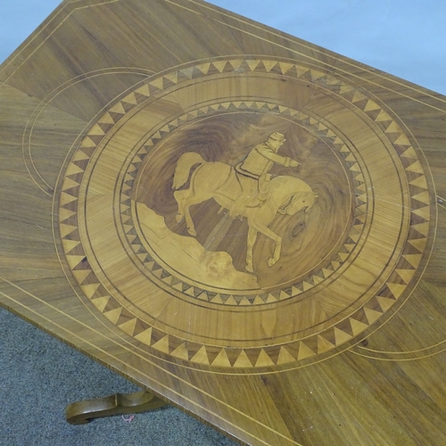 391 - An Italian walnut Sorrento tea table with marquetry horse and rider decoration, 81cm x 53cm