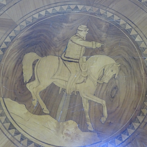 391 - An Italian walnut Sorrento tea table with marquetry horse and rider decoration, 81cm x 53cm