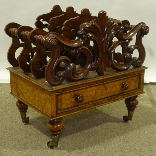 83 - A Victorian walnut Canterbury, carved and pierced acanthus divisions with single drawer below, 51cm ... 