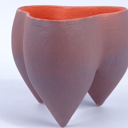 2003 - DEANA MOORE, BRITISH, studio pottery vessel in tripod form, orange glaze with blue overlay and orang... 