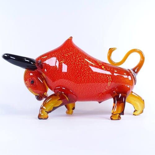2021 - MURANO, ITALY, Bull sculpture with gold leaf detail, length 50cm.
