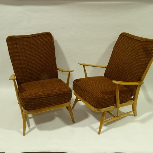 2035 - ERCOL, a pair of mid-century Windsor armchairs, web seat and back, with original fabric, H 92cm x W ... 