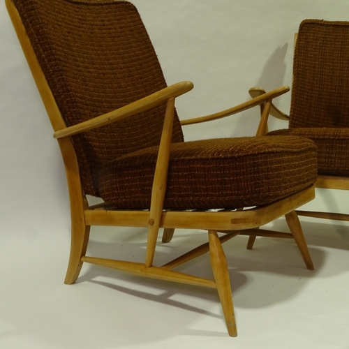 2035 - ERCOL, a pair of mid-century Windsor armchairs, web seat and back, with original fabric, H 92cm x W ... 