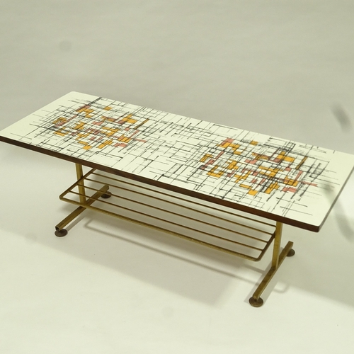 2101 - A mid-century, 1960s' coffee table, with cross hatch pattern formica top and gilt metal base, H44cm ... 