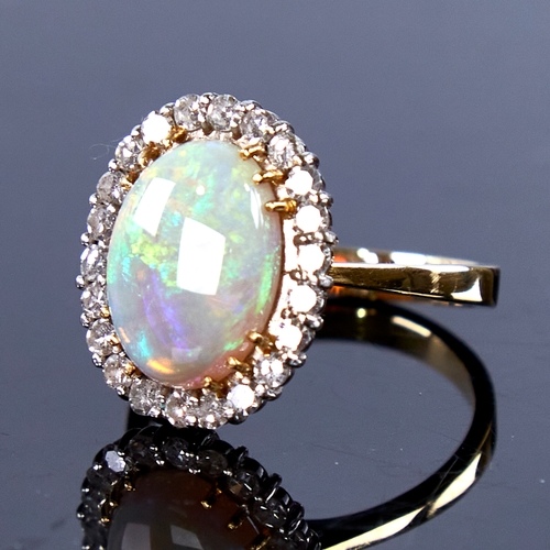 1670 - A large late 20th century 18ct gold cabochon opal and diamond cluster ring, set with oval cabochon o... 