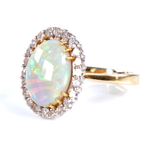 1670 - A large late 20th century 18ct gold cabochon opal and diamond cluster ring, set with oval cabochon o... 