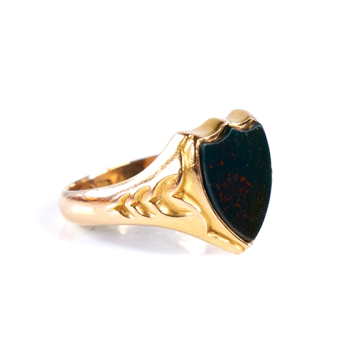 1671 - A large 19th century 15ct gold bloodstone shield seal ring, engraved leaf shoulders, hallmarks Birmi... 