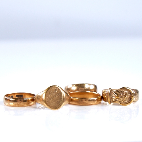 1673 - Various gold rings, including 4 9ct, 14.1g, and 1 unmarked, 5.2g (5)