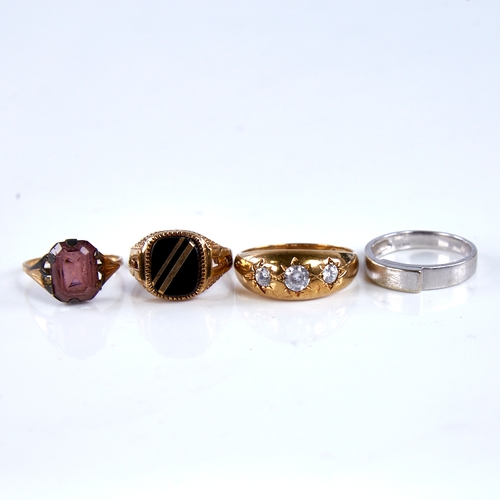 1674 - 4 various 9ct gold stone set rings, including white gold diamond set example, 15.4g total (4)