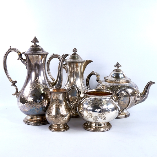 1681 - A good quality Victorian silver 5-piece tea set, comprising coffee pot, hot water jug, teapot, 2-han... 