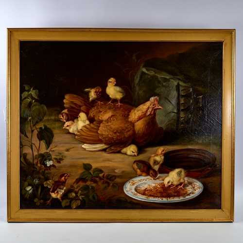 2500 - Oil on canvas, hen and chicks in the farmyard, late 19th/early 20th century, unsigned, 25