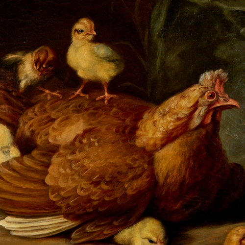 2500 - Oil on canvas, hen and chicks in the farmyard, late 19th/early 20th century, unsigned, 25