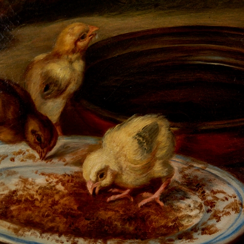 2500 - Oil on canvas, hen and chicks in the farmyard, late 19th/early 20th century, unsigned, 25