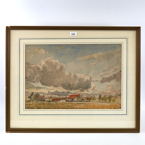 2506 - Mid-20th century watercolour, extensive farm landscape, unsigned, 14