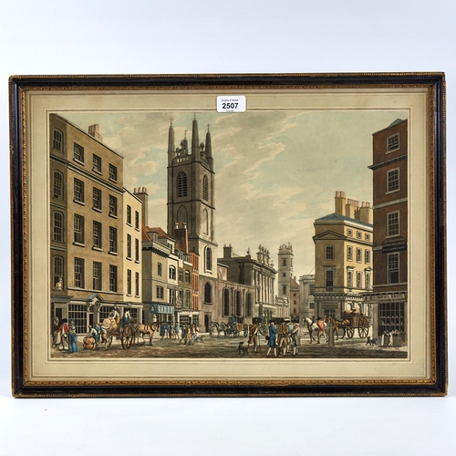 2507 - Thomas Malton, colour aquatint, view of the Bank from the Mansion House with the Church of St Christ... 