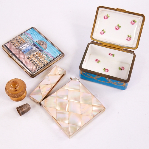 306 - A Dresden painted and gilded porcelain box, 9cm across, a Victorian mother-of-pearl card case, a Per... 