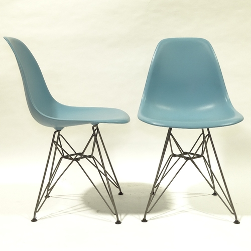 2093 - CHARLES EAMES, VITRA, a pair of blue coloured DSR side chairs, with plastic shell seat on powder coa... 