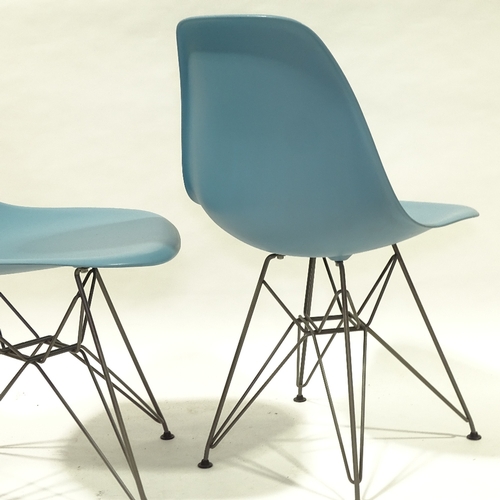 2093 - CHARLES EAMES, VITRA, a pair of blue coloured DSR side chairs, with plastic shell seat on powder coa... 