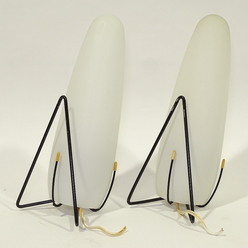 2130 - LOUIS KALFF FOR PHILIPS, a pair of mid century wall lights, opaline glass bullet shades on wire fram... 