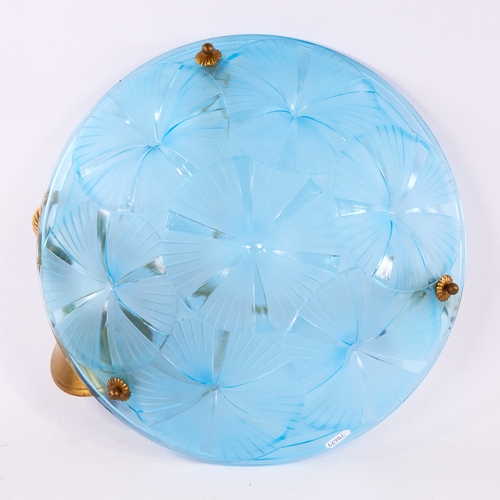 187 - A French moulded blue glass hanging light bowl, signed Degue, with relief moulded geometric design, ... 